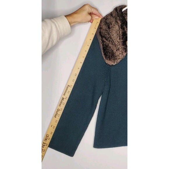 Nine West Vtg Fur Collar Cardigan Women Medium Green Rib Knit - Picture 8 of 9